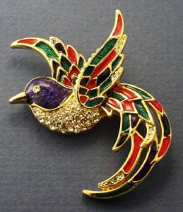 SIGNED ENAMELED TROPICAL BIRD BROOCH