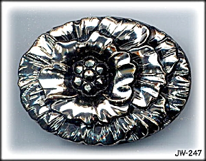 CZECH VINTAGE BLACK GL SILVER FL BROOCH #247
