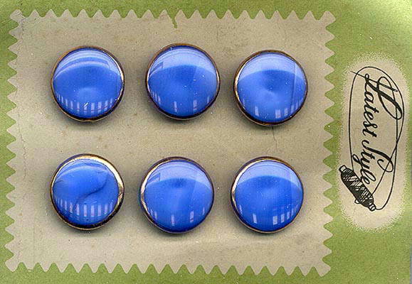 6 BLUE MOONGLOW GLASS BUTTONS ORIGINAL CARD