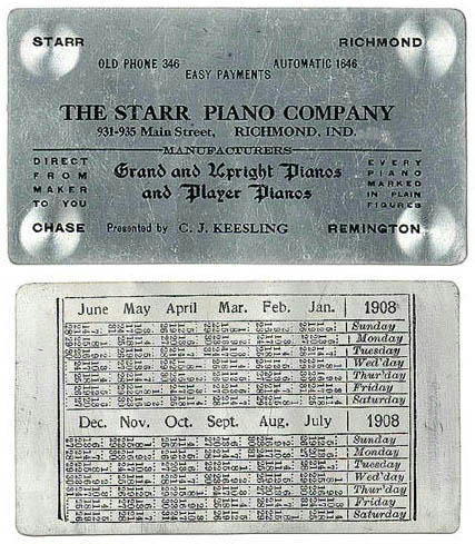 1908 STARR PIANO BUSINESS CARD / CALENDAR / MS046