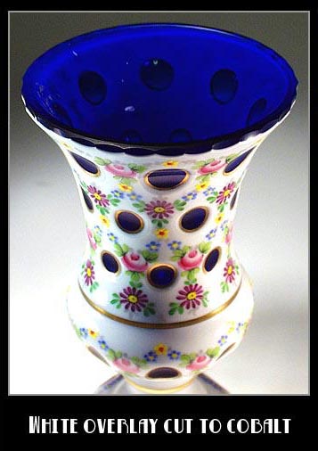 OVERLAY CUT TO COBALT VASE CZECHOSLOVAKIA /