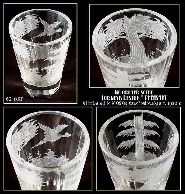 6 OLD ENGRAVED PHEASANT JUICE GLASS MOSER