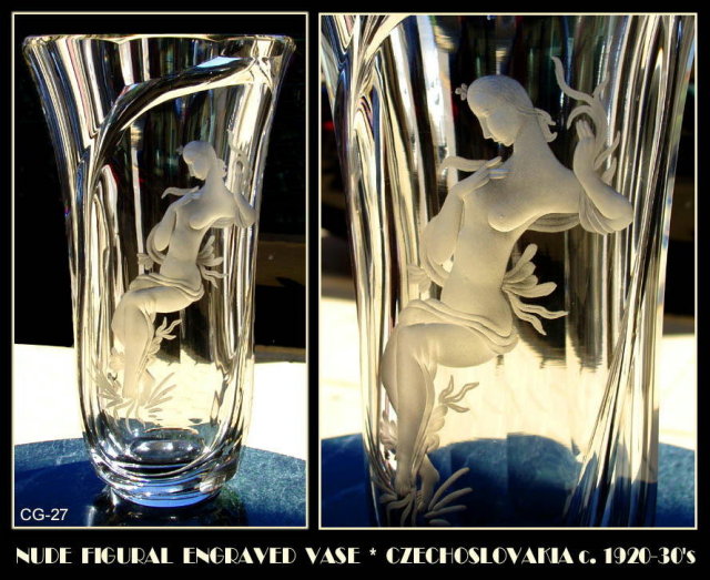 CZECH 1920's ENGRAVED POETRY NYMPH VASE 1920-30's
