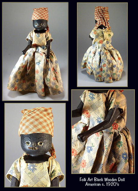 BLACK WOODEN DOLL FOLK ART c.1920