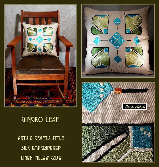 ARTS & CRAFTS MISSION EMBROIDERED GINGKO PILLOW
