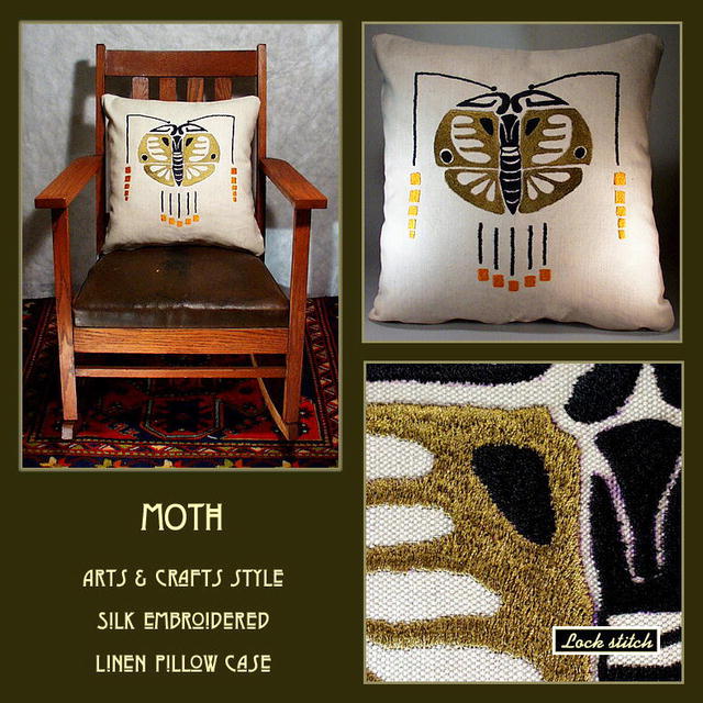ARTS & CRAFTS MISSION EMBROIDERED MOTH PILLOW