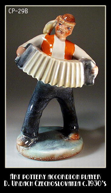CZECH POTTERY ACCORDION PLAYER URBACH 1930's /