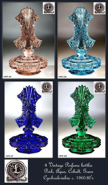 4 CZECH VINTAGE GLASS PERFUME BOTTLES /