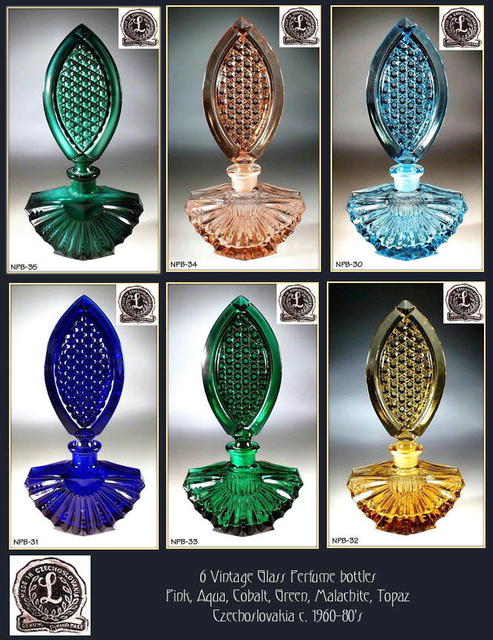 6 CZECH VINTAGE GLASS PERFUME BOTTLES /