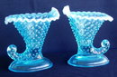 PAIR OF BLUE OPALINE GLASS FENTON CORNUCOPIA GL19