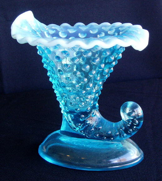 PAIR OF BLUE OPALINE GLASS FENTON CORNUCOPIA GL19