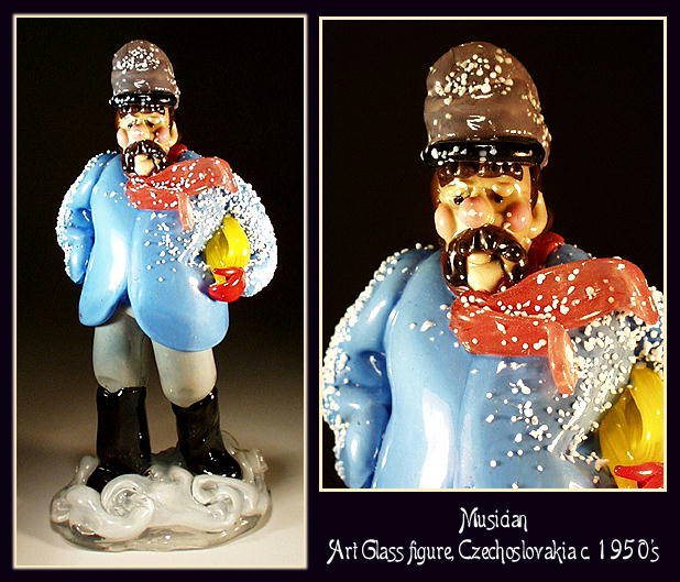CZECH VINTAGE ART GLASS FIGURE MUSICIAN
