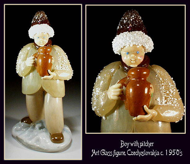 CZECH VINTAGE ART GLASS FIGURE BOY W PITCHER