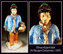 CZECH VINTAGE ART GLASS FIGURE MAN W BASKET