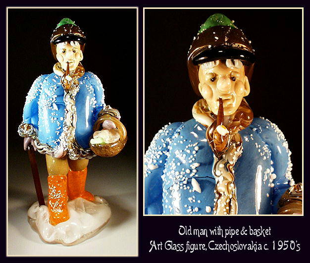 CZECH VINTAGE ART GLASS FIGURE MAN W BASKET