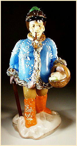 CZECH VINTAGE ART GLASS FIGURE MAN W BASKET