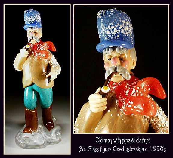 CZECH VINTAGE ART GLASS FIGURE MAN w CLARINET