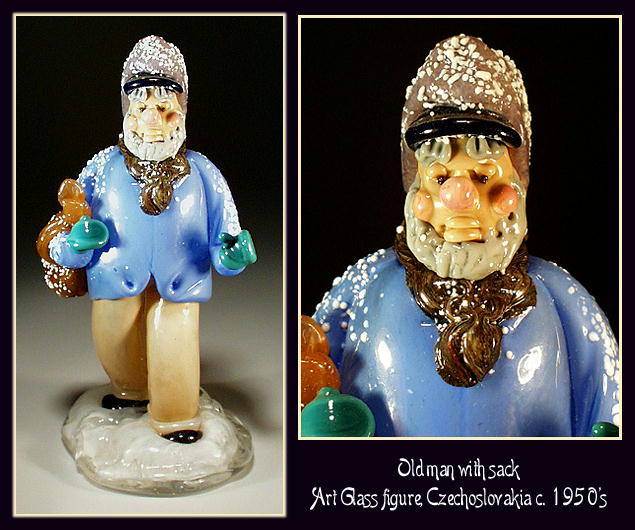 CZECH VINTAGE ART GLASS FIGURE MAN W SACK