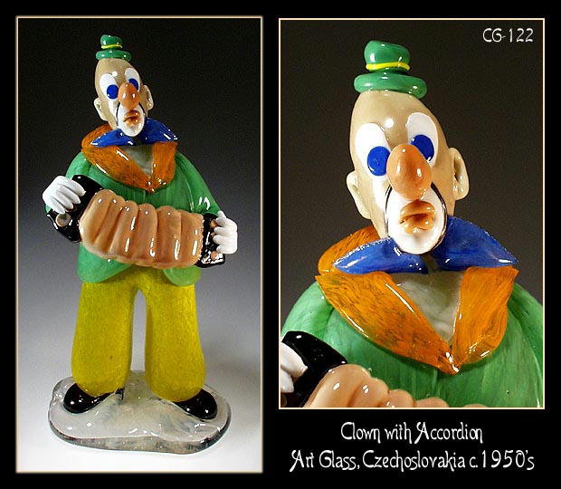 CZECH VINTAGE ART GLASS CLOWN W ACCORDION