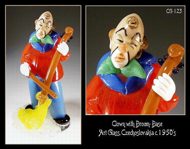 CZECH VINTAGE ART GLASS CLOWN W BROOM FIGURINE