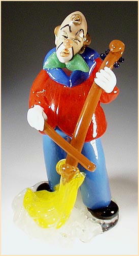 CZECH VINTAGE ART GLASS CLOWN W BROOM FIGURINE