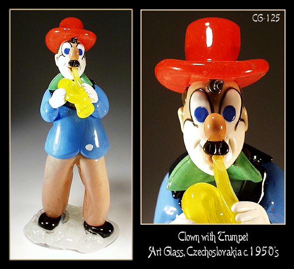 CZECH VINTAGE ART GLASS CLOWN W TRUMPET