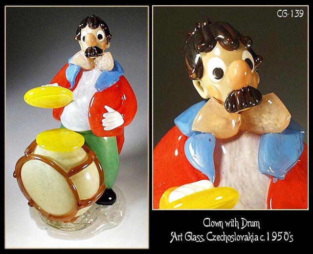CZECH VINTAGE ART GLASS CLOWN W DRUM FIGURINE