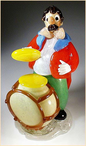 CZECH VINTAGE ART GLASS CLOWN W DRUM FIGURINE