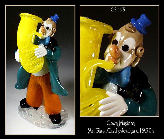 CZECH VINTAGE ART GLASS CLOWN MUSICIAN FIGURINE