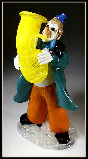 CZECH VINTAGE ART GLASS CLOWN MUSICIAN FIGURINE