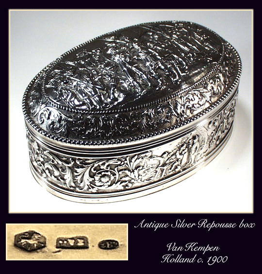 ANTIQUE DUTCH SILVER REPOUSSE FIGURAL BOX /