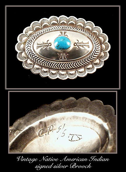 AMERICAN INDIAN SILVER TURQUOISE BROOCH / SL033