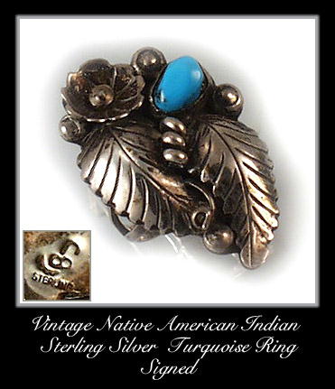 VINTAGE SIGNED AMERICAN INDIAN SILVER TURQUOISE RING #82