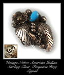 VINTAGE SIGNED AMERICAN INDIAN SILVER TURQUOISE RING #82