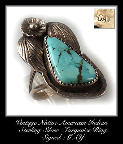 VINTAGE SIGNED AMERICAN INDIAN SILVER TURQUOISE RING #86