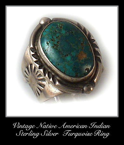 VINTAGE AMERICAN INDIAN SILVER TURQUOISE RING #91