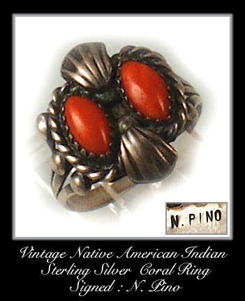 VINTAGE SIGNED AMERICAN INDIAN SILVER CORAL RING #92