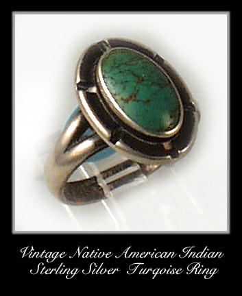 VINTAGE SIGNED AMERICAN INDIAN SILVER TURQUOISE RING #93