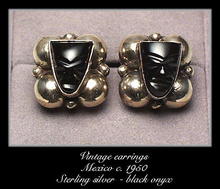 VINTAGE MEXICAN SILVER EARRINGS BLACK ONYX MASKS #97