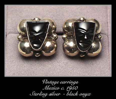 VINTAGE MEXICAN SILVER EARRINGS BLACK ONYX MASKS #97