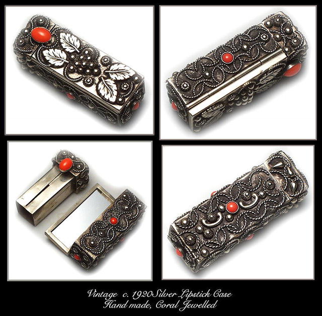 VINTAGE SILVER CORAL LIPSTICK CASE MIRROR #109