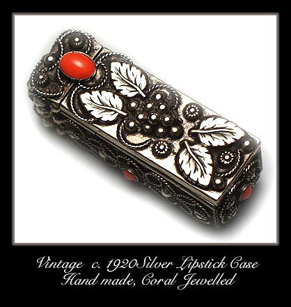 VINTAGE SILVER CORAL LIPSTICK CASE MIRROR #109