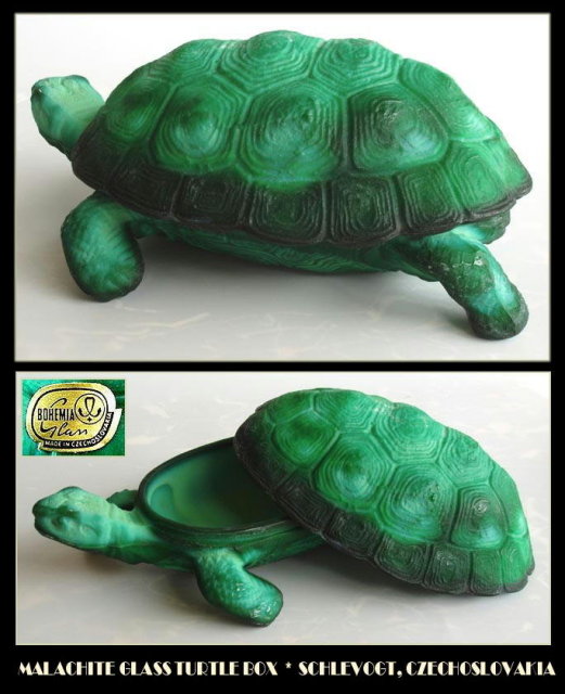 CZECH MALACHITE COLOR GLASS TURTLE POWDER BOX