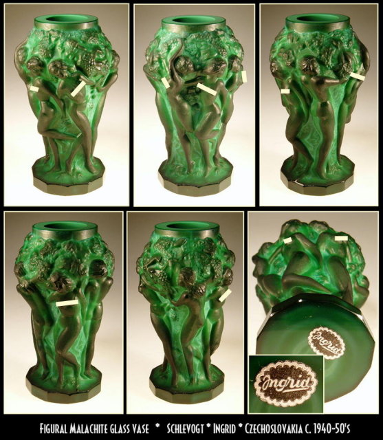 CZECH SCHLEVOGT MALACHITE color GLASS VASE