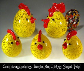 HANDBLOWN ART GLASS ROOSTER, HEN, CHICKENS 5 pc