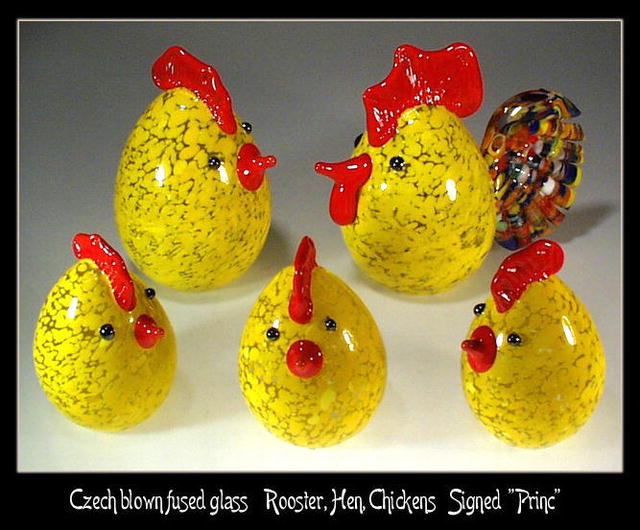 HANDBLOWN ART GLASS ROOSTER, HEN, CHICKENS 5 pc
