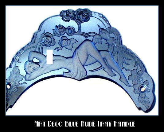 2 CZECH ART DECO BLUE NYMPH HANDLES for vanity tray