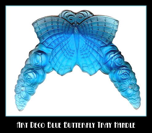 2 CZECH DECO VANITY TRAY BLUE BUTTERFLY HANDLES