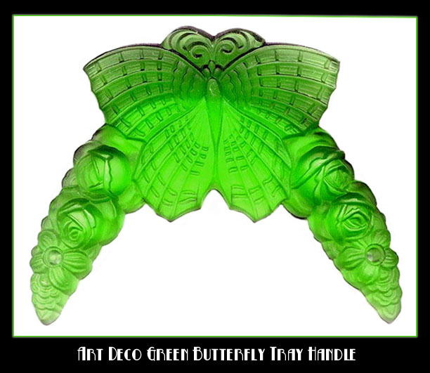 2 CZECH DECO VANITY TRAY GREEN BUTTERFLY