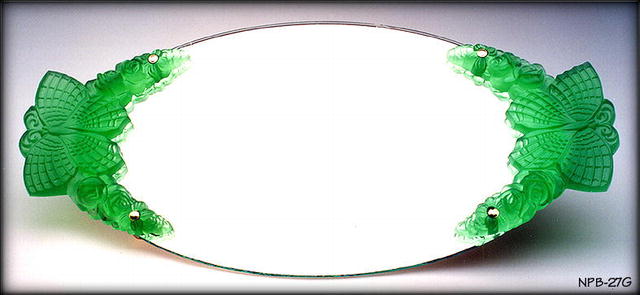 2 CZECH DECO VANITY TRAY GREEN BUTTERFLY